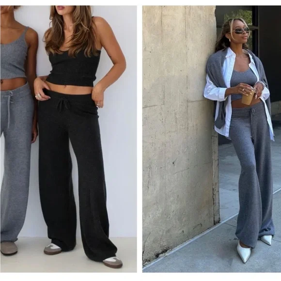 Rumored Wide Leg Knit Pants Two Piece Lounge Set In Charcoal Medium Size NWT - Picture 6 of 12